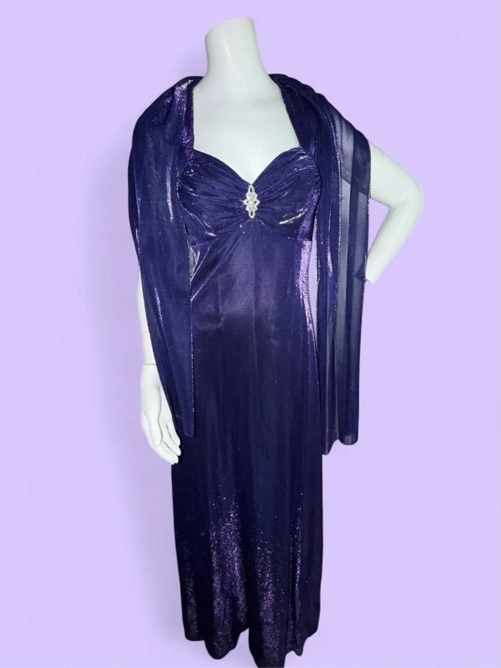 Vintage 90s Jump Apparel Purple Shimmer Velvet Maxi Dress & Shawl Set, Size 5/6